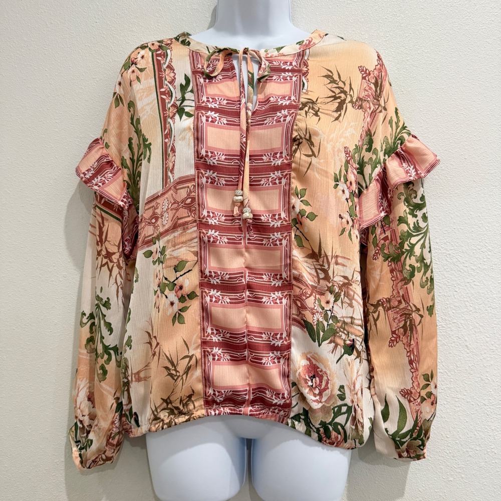 NEW Badgley Mischka Blouse Women Medium Floral Ruffle Tie Neck BW30330